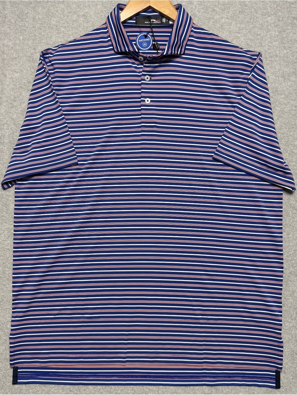 NWT RLX Ralph Lauren Striped Golf Polo Men’s Large Blue Red White Wicking